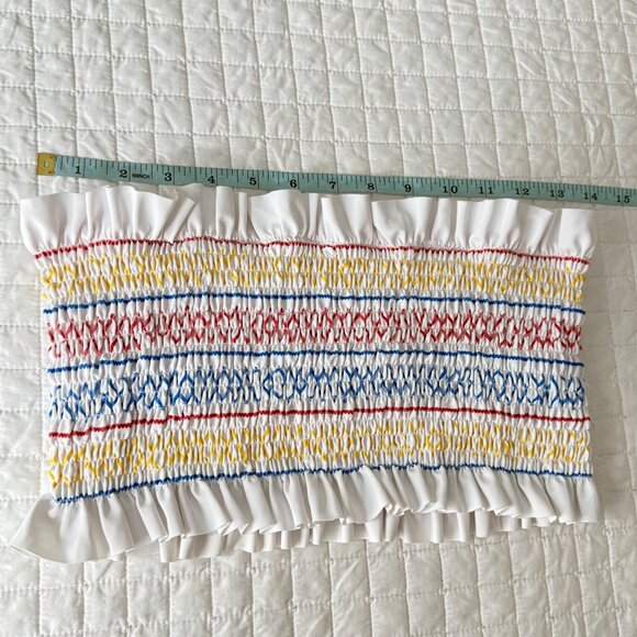 Zaful Swim White Ruffled Smocked Bandeau Bikini Top US 6 M Multicolor Pattern Ny - Picture 6 of 8